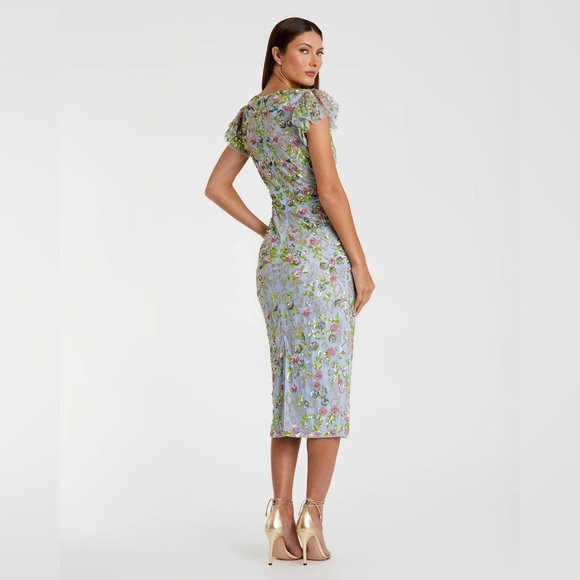 MAC DUGGAL 5722 NWT Blue Floral Embellished Flutter Cap Sleeve Dress - Picture 3 of 7